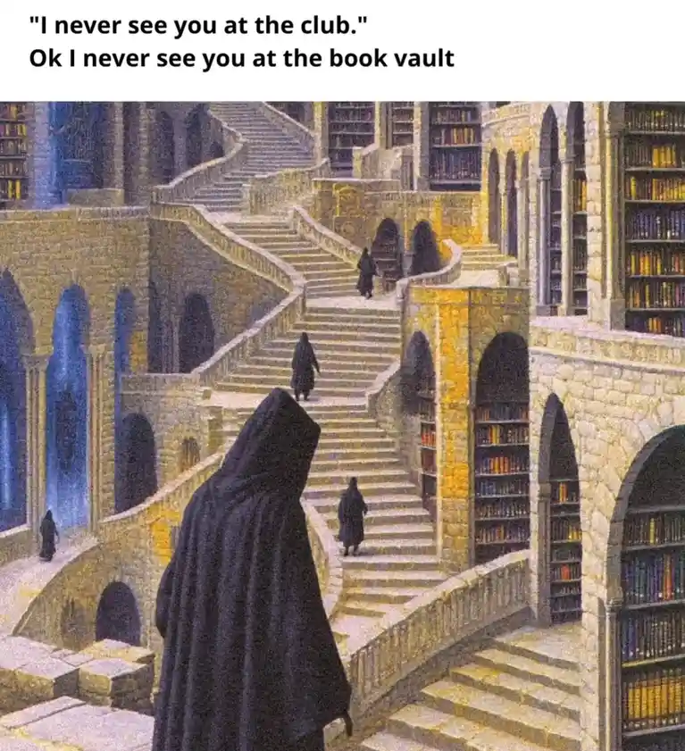 An illustration of a grand, multi-level library with stone staircases and bookshelves filled with books. Several figures in…