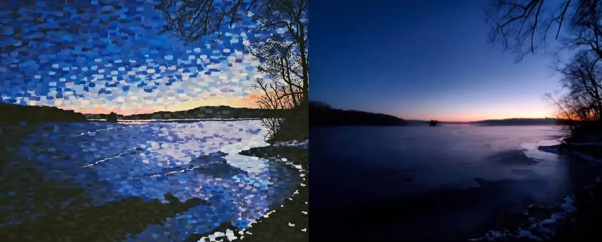 The image is split vertically, showing a blurry, low-light photo of a sunset over water on the right, and a heavily edited…