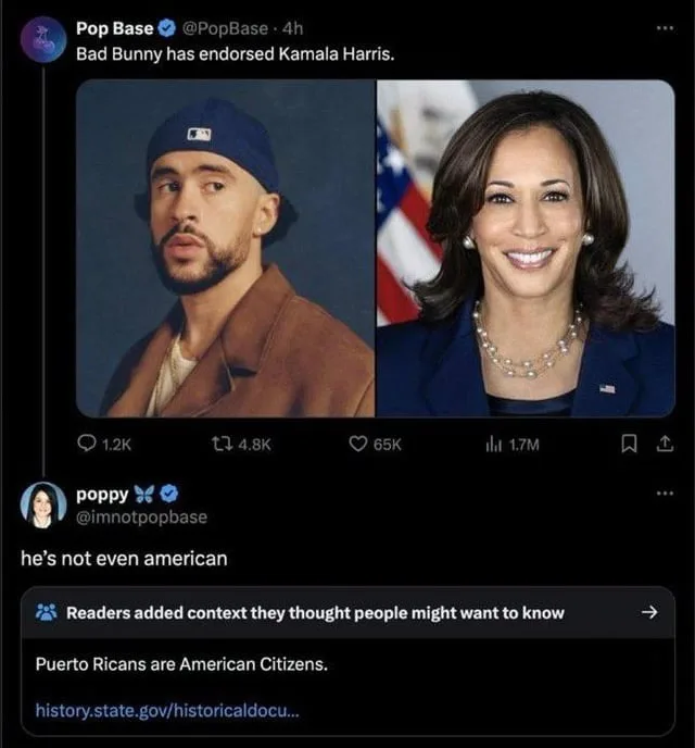 A screenshot of a Twitter thread shows a tweet from Pop Base announcing Bad Bunny has endorsed Kamala Harris, with…