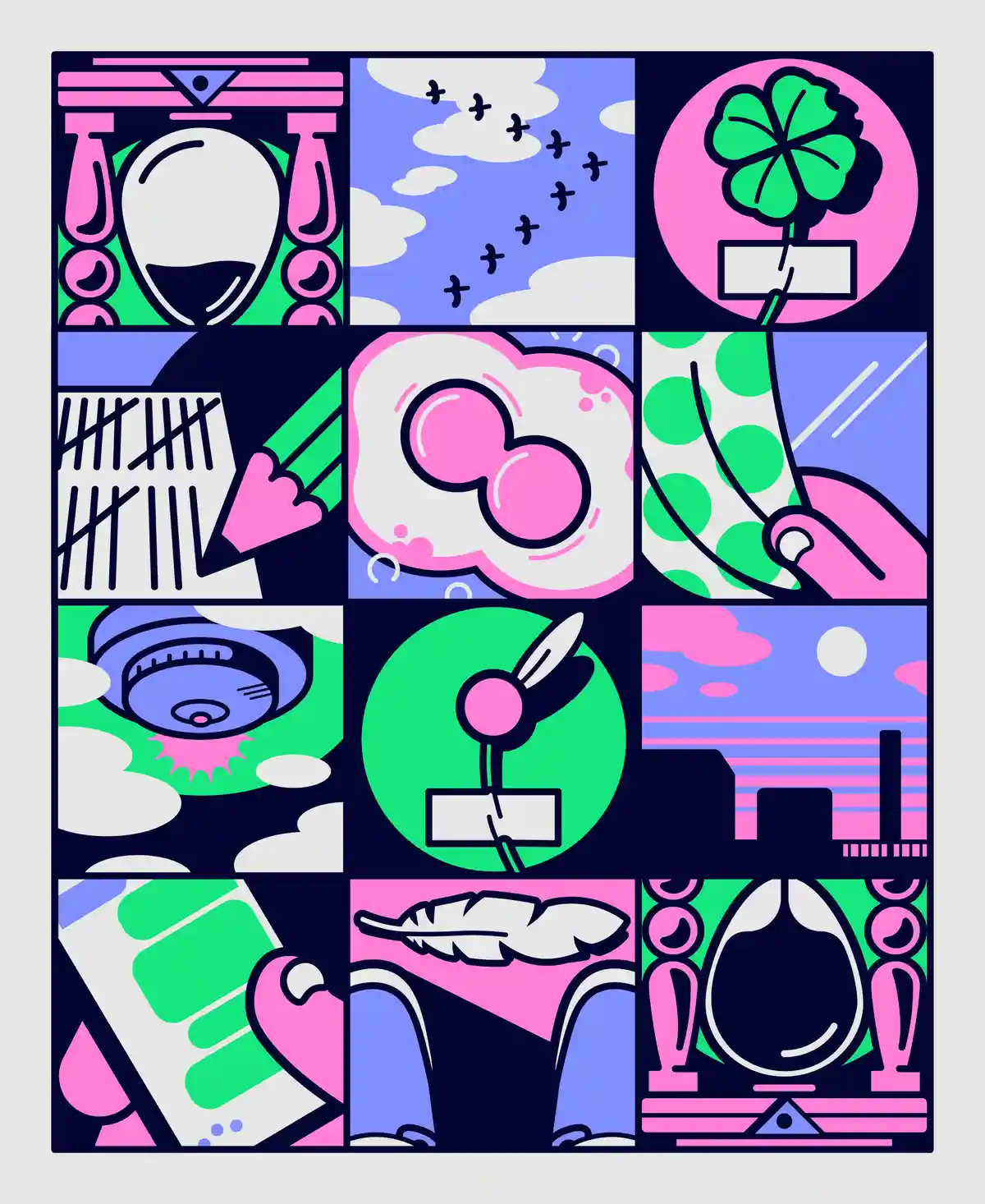 A colorful, stylized grid of nine panels featuring abstract and surreal illustrations including a clover, birds in the sky…