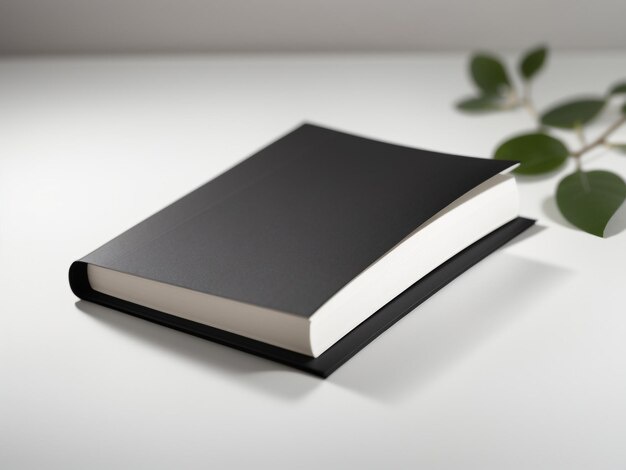A minimalist image of a black hardcover book lying on a white surface, with a small green leafy branch nearby. The overlaid…