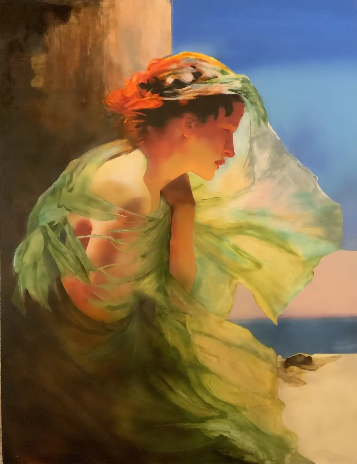 A classical painting depicts a woman in a flowing green dress and orange headscarf, looking down pensively against a…