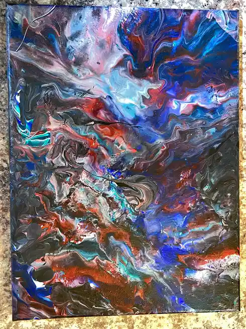 A square canvas displays a vibrant, abstract painting with swirling patterns of blue, red, white, and black paint…