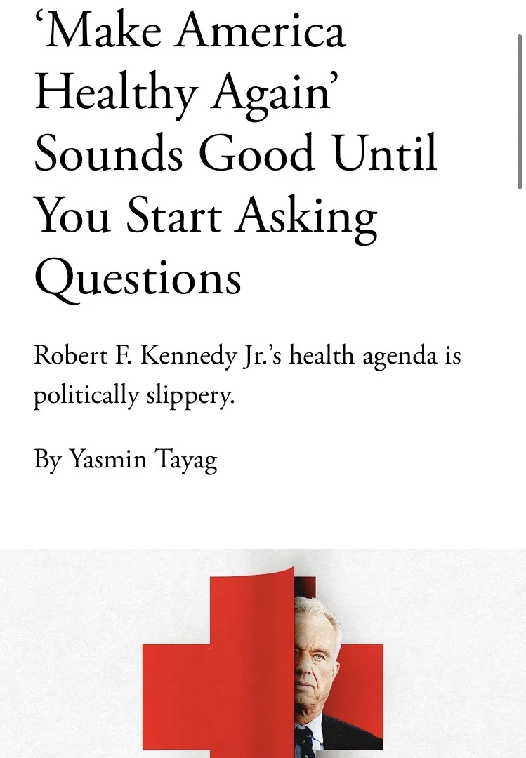 A screenshot of a news article headline that reads 'Make America Healthy Again' Sounds Good Until You Start Asking…