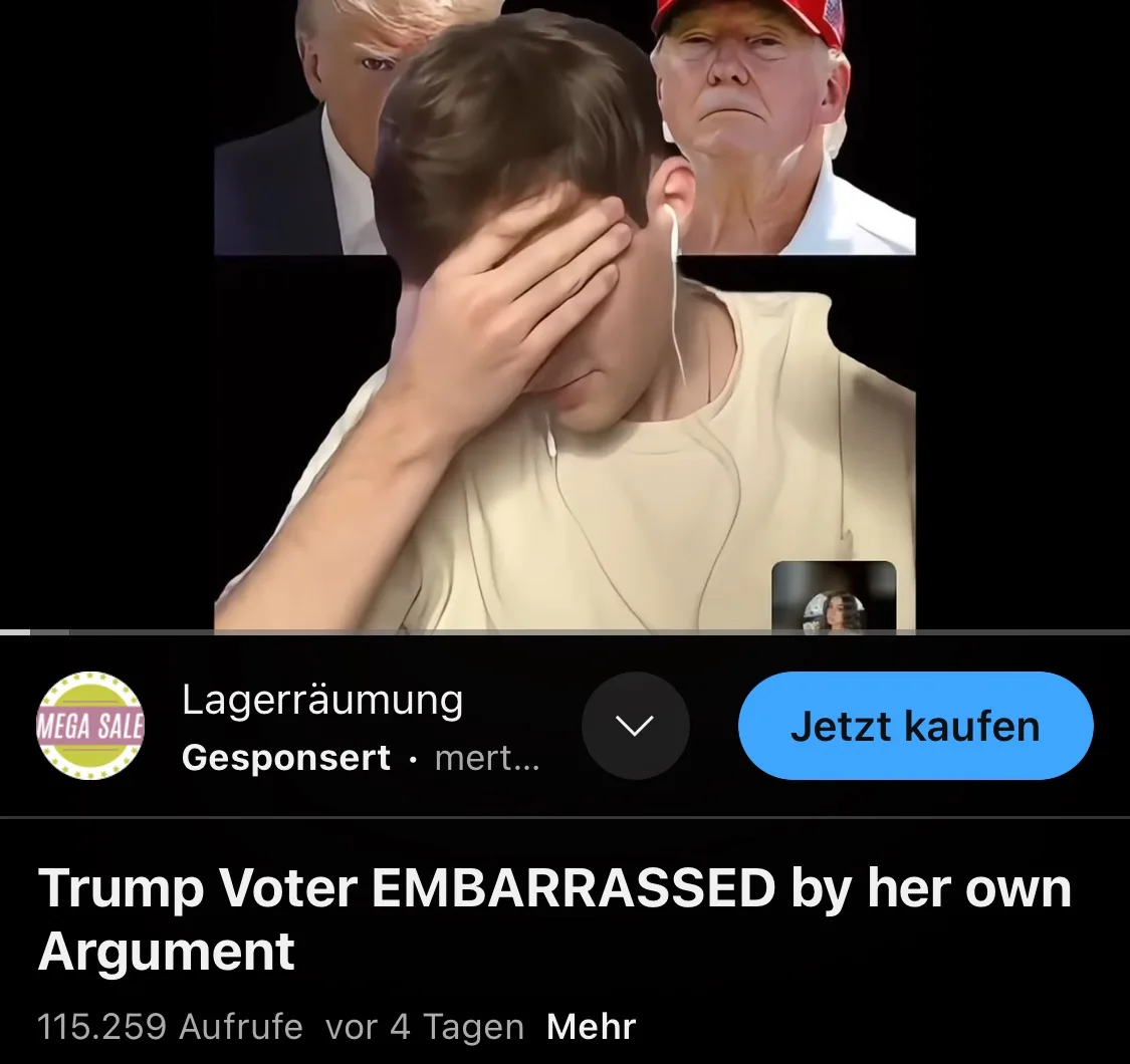 A person with earphones covers their face in embarrassment while two images of Donald Trump—one with a red cap and one…