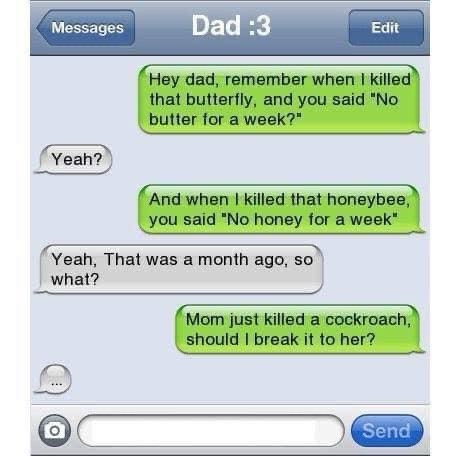 A screenshot of a text message conversation between a child and their dad, where the child recalls past punishments for…