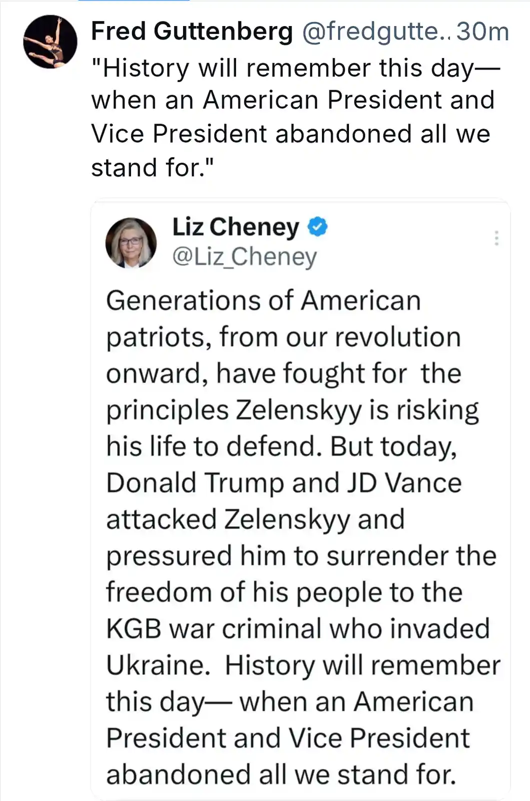 A screenshot of a tweet by Liz Cheney, which states that Donald Trump and JD Vance attacked Zelenskyy and pressured him to…