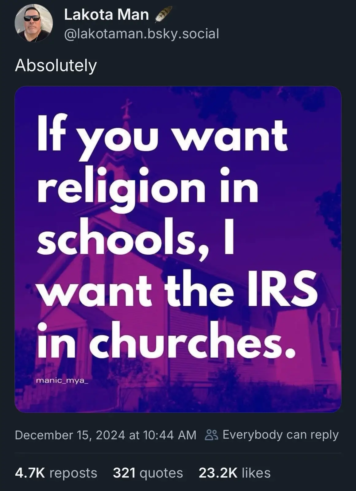 A social media post by 'Lakota Man' shows a photo of a church building under a purple filter. Large white text overlaid on…