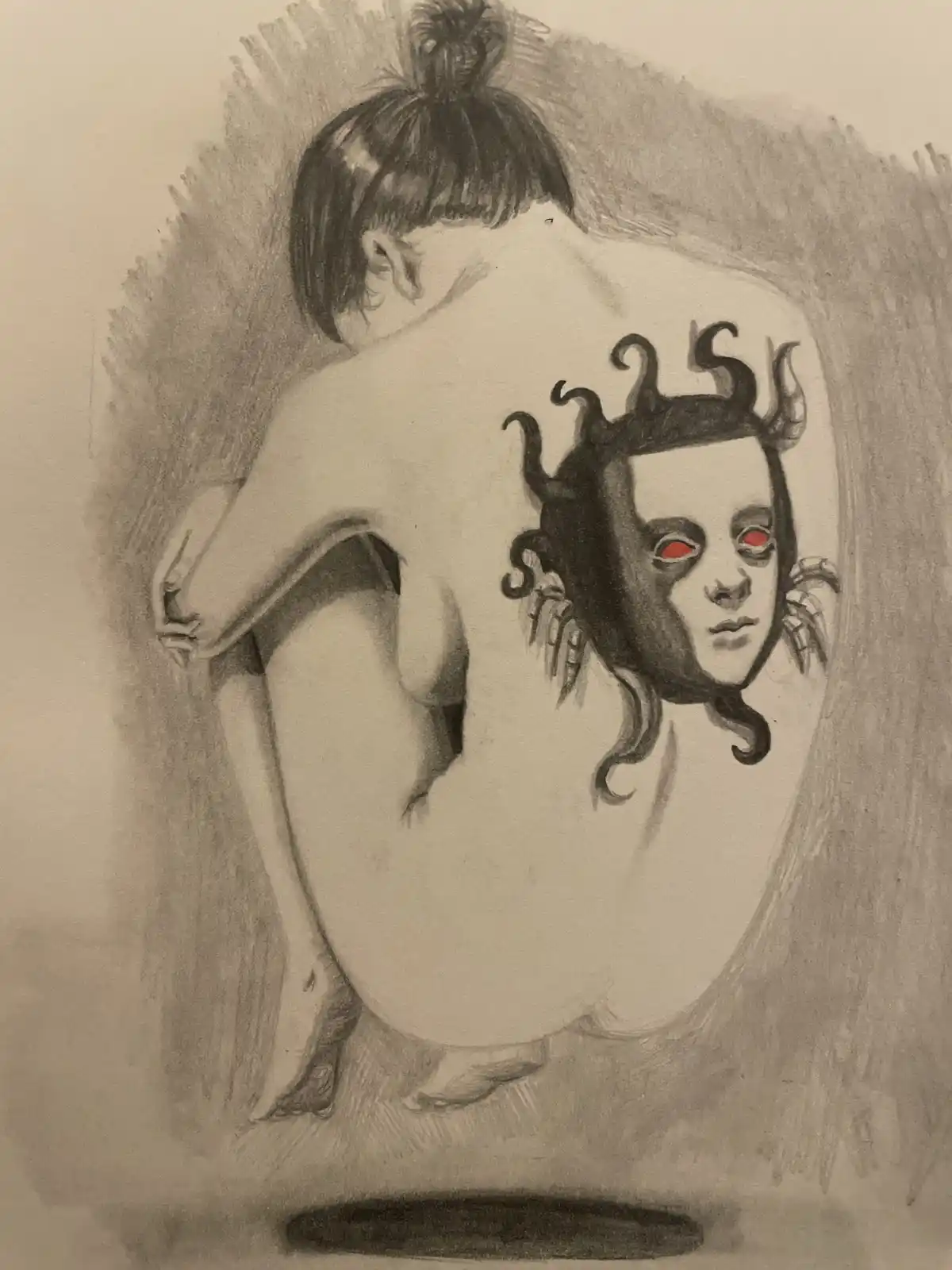 A pencil sketch shows a nude person viewed from behind, with their hair in a bun, revealing a large, detailed demon head…