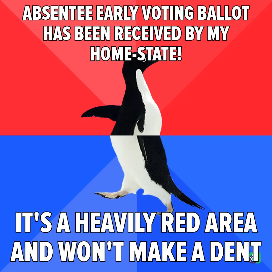 A penguin stands upright against a red and blue background, with bold white text overlaid. The top text reads 'ABSENTEE…
