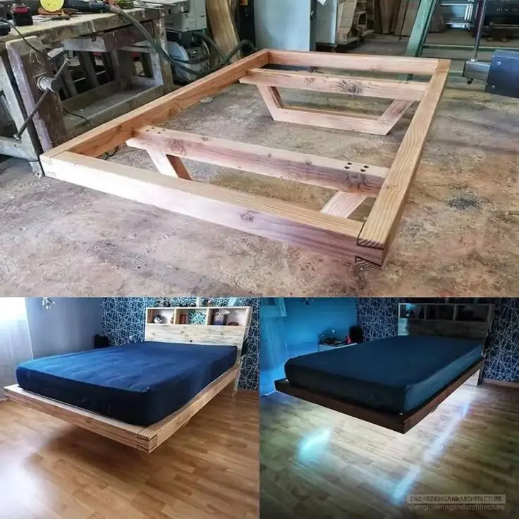 The image shows a wooden bed frame in a workshop, then two photos of the same bed installed in a room, appearing to float…
