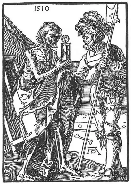 A 1510 woodcut depicts a skeletal figure holding an hourglass, presenting it to a heavily armored knight holding a spear…