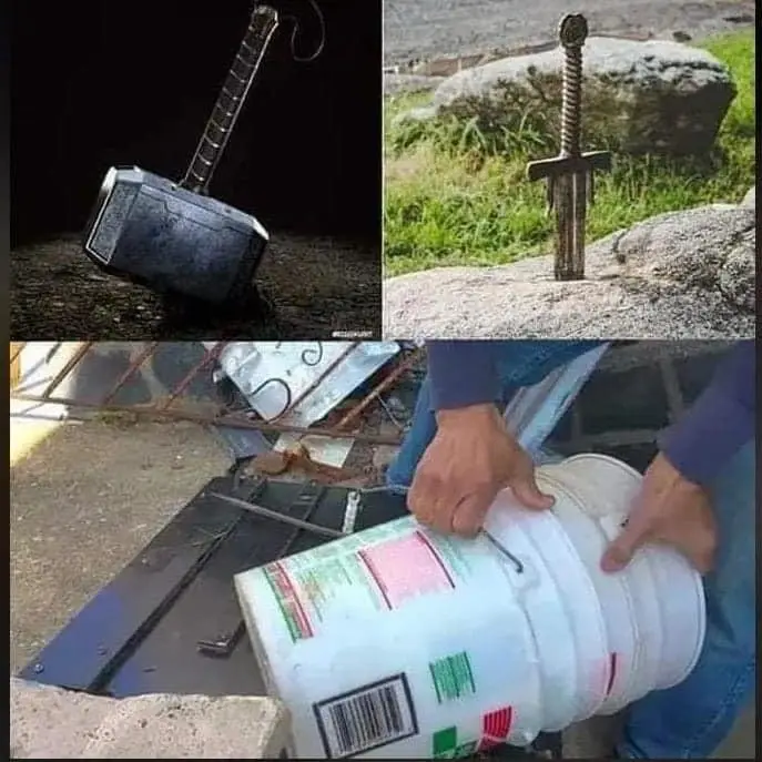 A three-panel collage shows Thor's hammer embedded in the ground, a sword stuck upright in a rock, and a person pouring…