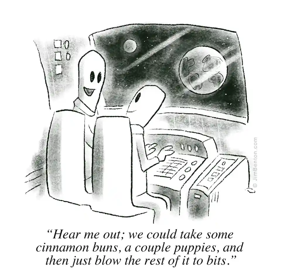 A black-and-white cartoon depicts two smiling, featureless alien figures inside a spaceship cockpit. One alien is seated at…