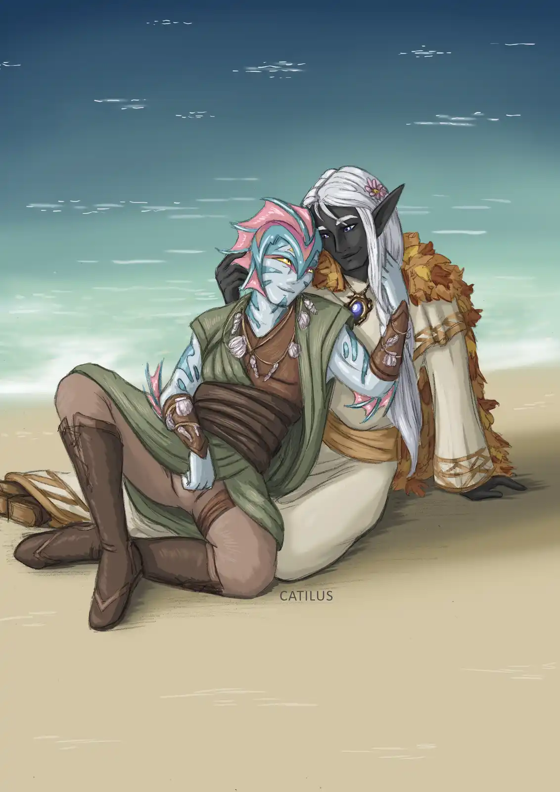 Two fantasy characters, one with blue skin and pink hair and another with dark skin and white hair, are sitting closely…