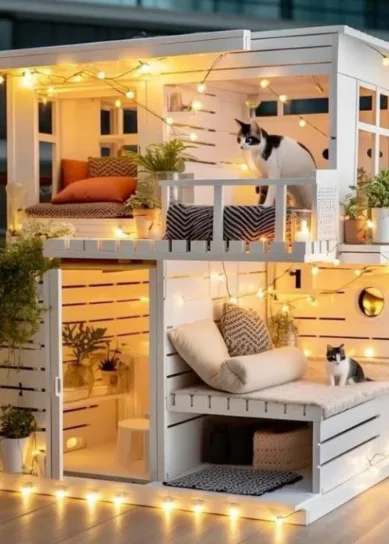 A cozy, two-story miniature house made of white wooden slats, decorated with string lights and indoor plants, features two…