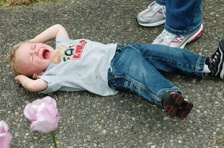 A young child lies on a gravel surface, crying loudly with eyes shut and arms raised, wearing a grey t-shirt and jeans…