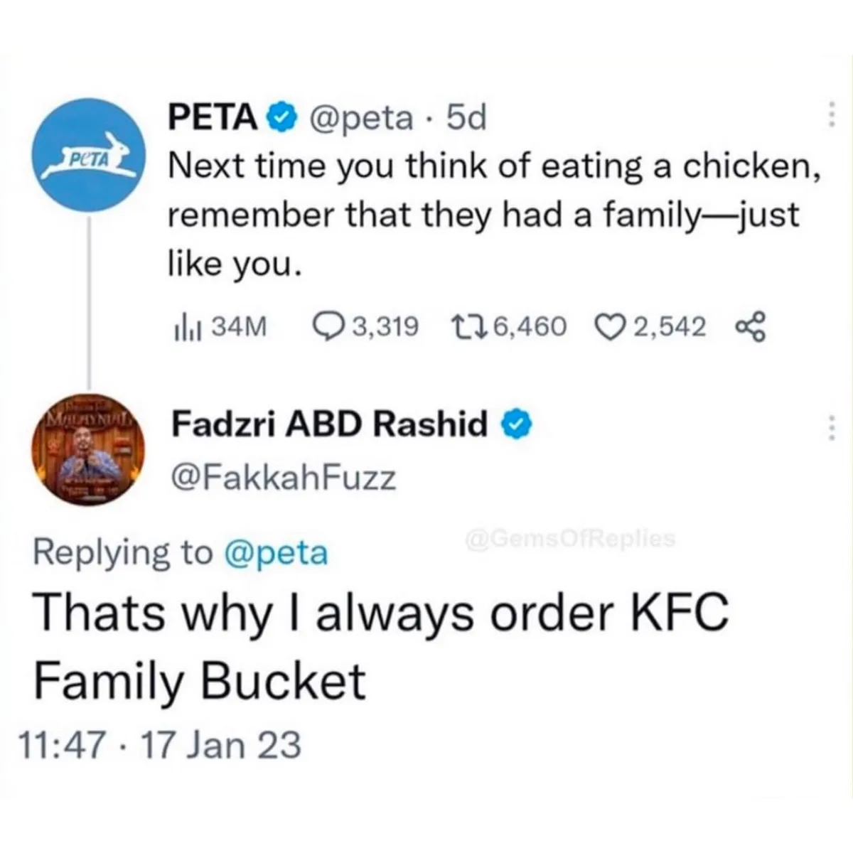 The image displays two Twitter posts. The first is from PETA, which reads: 'Next time you think of eating a chicken…