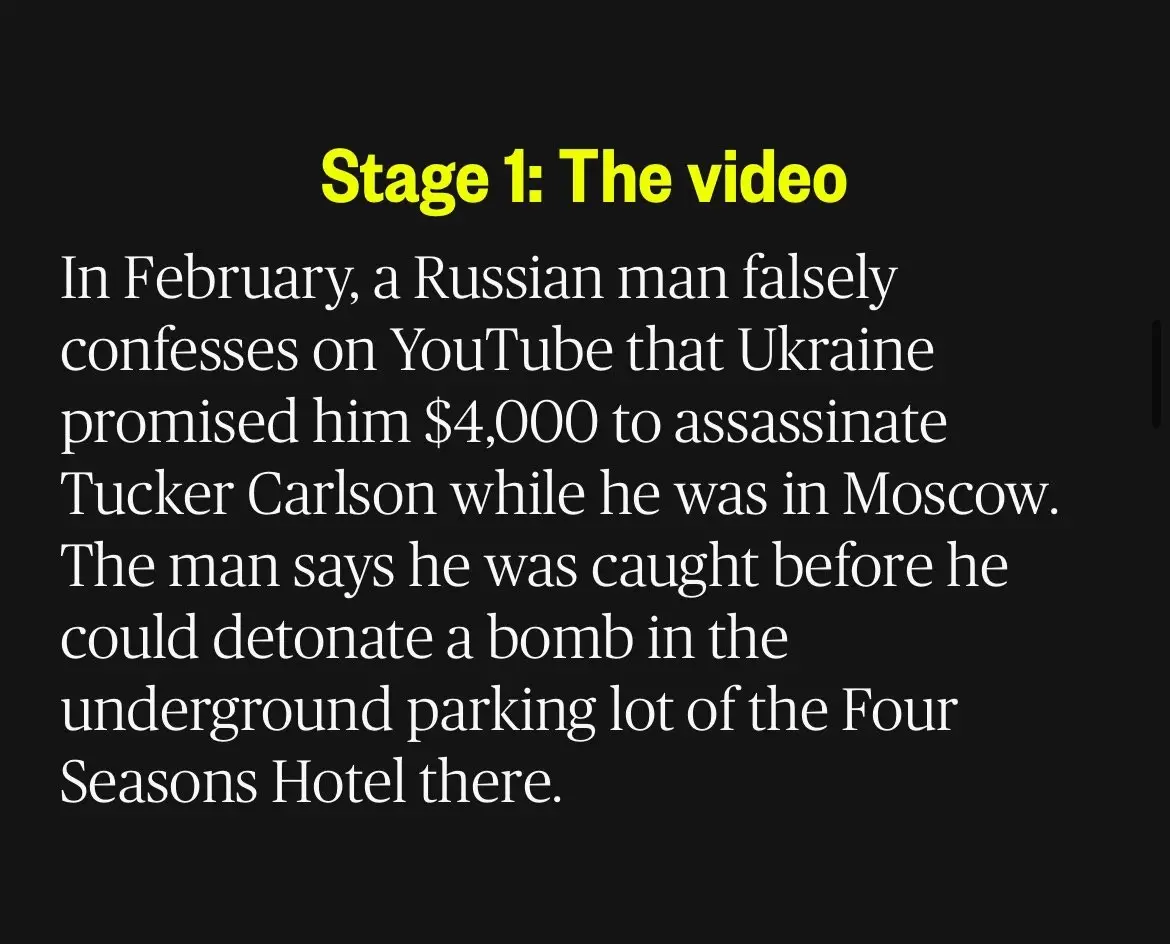 A black background with yellow and white text describing a fabricated YouTube confession by a Russian man claiming Ukraine…