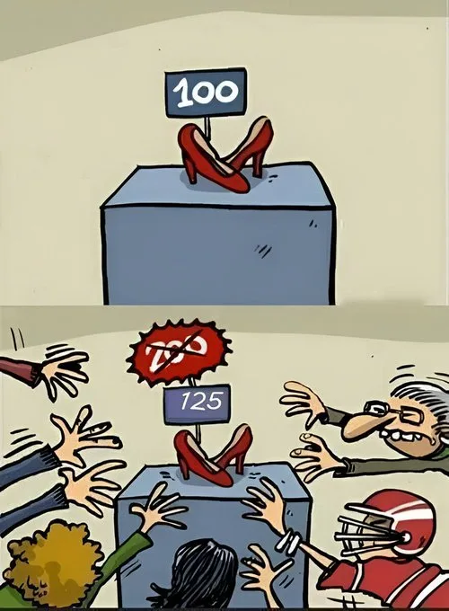A two-panel cartoon shows a pair of red high heels on a pedestal with a price tag of '100' in the top panel. In the bottom…