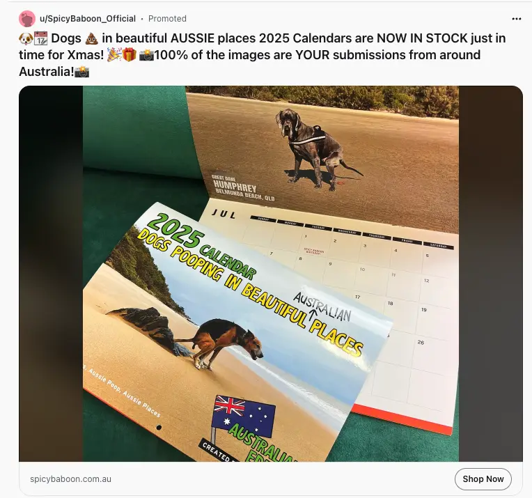 An advertisement image displays a 2025 calendar titled 'Dogs Pooping in Beautiful Places' with an Australian flag and…