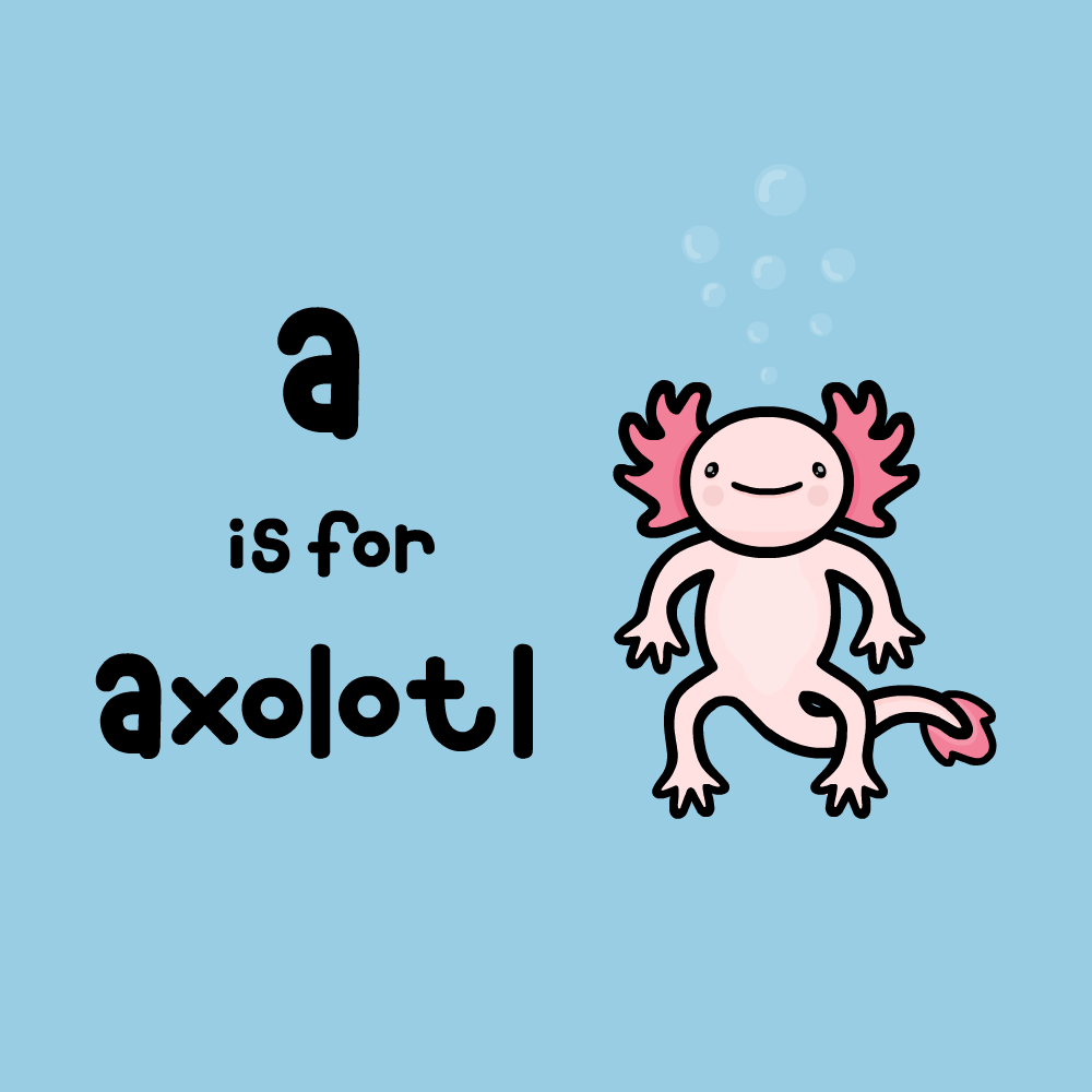 A cartoon axolotl with pink gills and a smiling face is shown underwater against a light blue background, with bubbles…