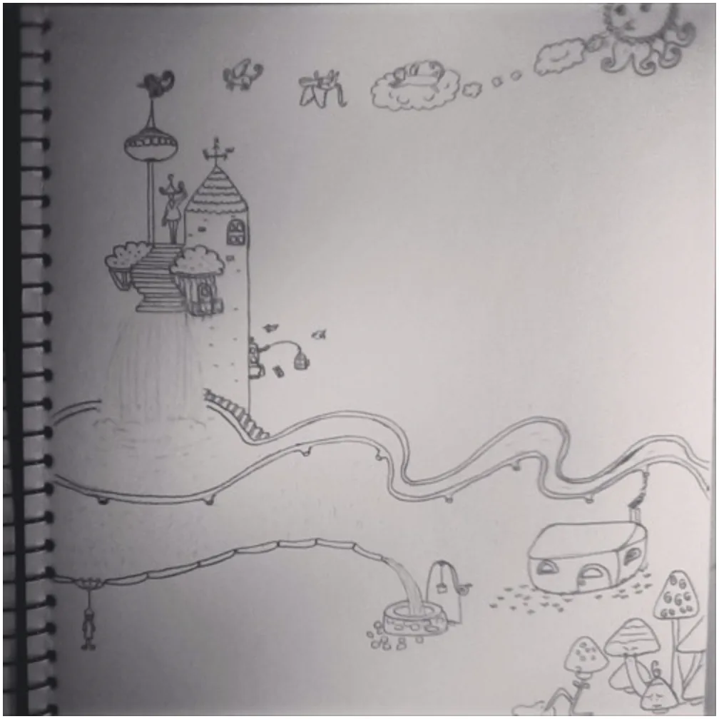 A hand-drawn black-and-white sketch in a spiral-bound notebook depicts a whimsical, surreal landscape. On the left, a tall…