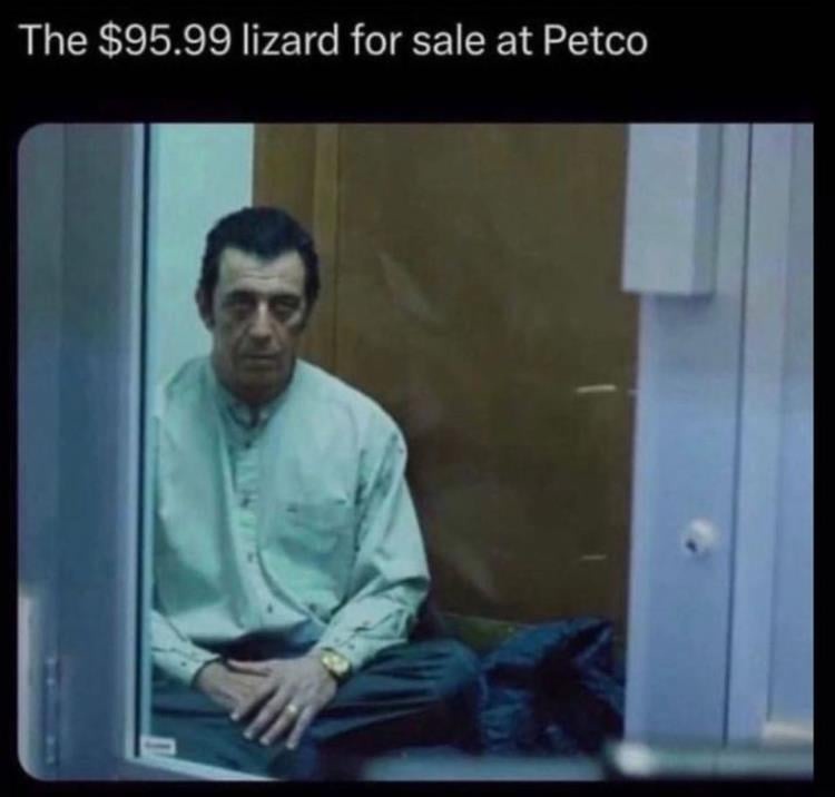 A man with a weary, resigned expression sits cross-legged inside a glass enclosure, looking out. He wears a light-colored…