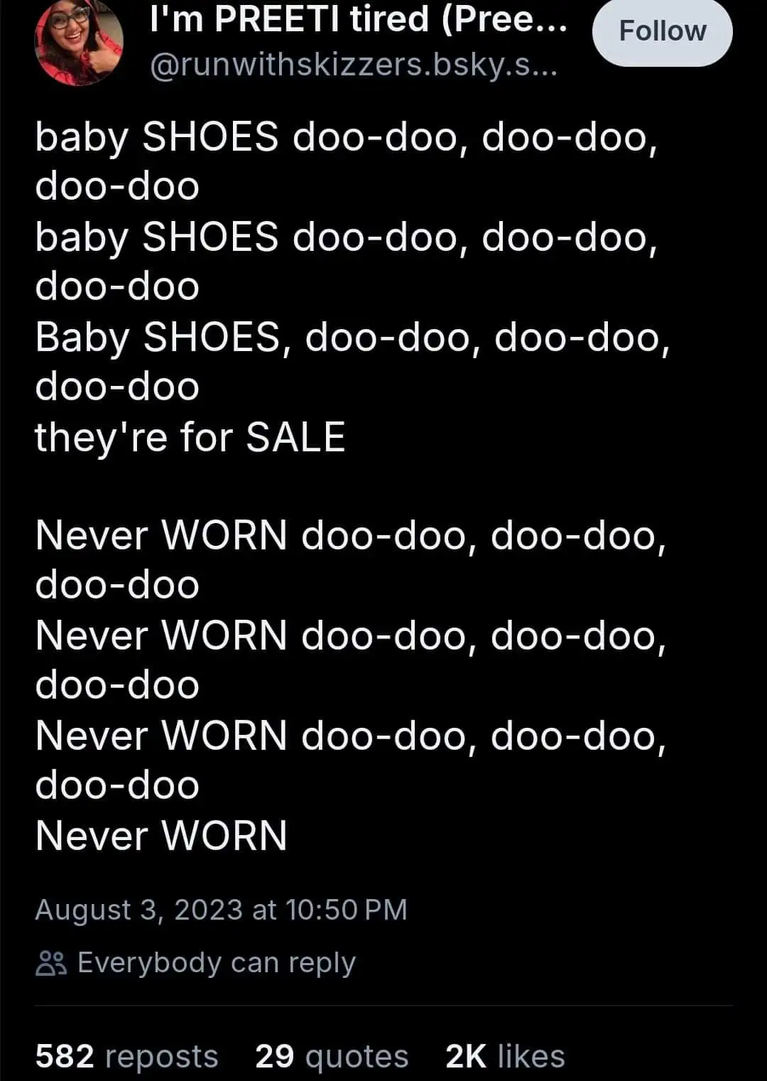 A screenshot of a social media post with white text on a black background, showing lyrics from the song 'Baby Shoes' with…