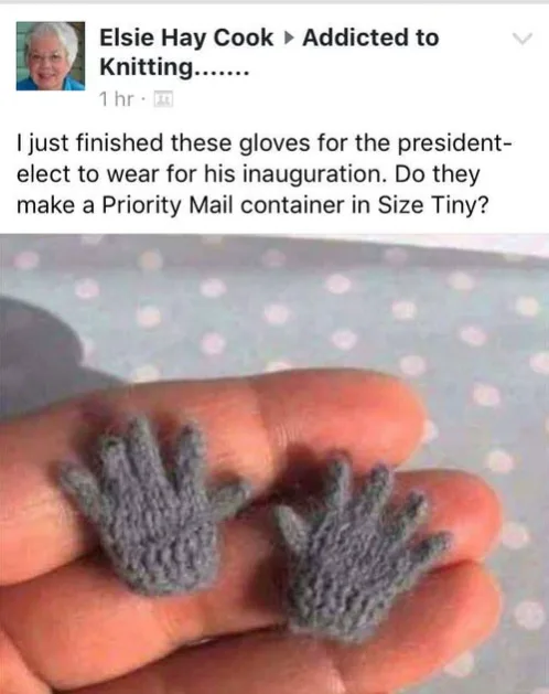 A close-up photo shows a person's hand holding two tiny, gray, knitted gloves that are far too small for an adult, resting…