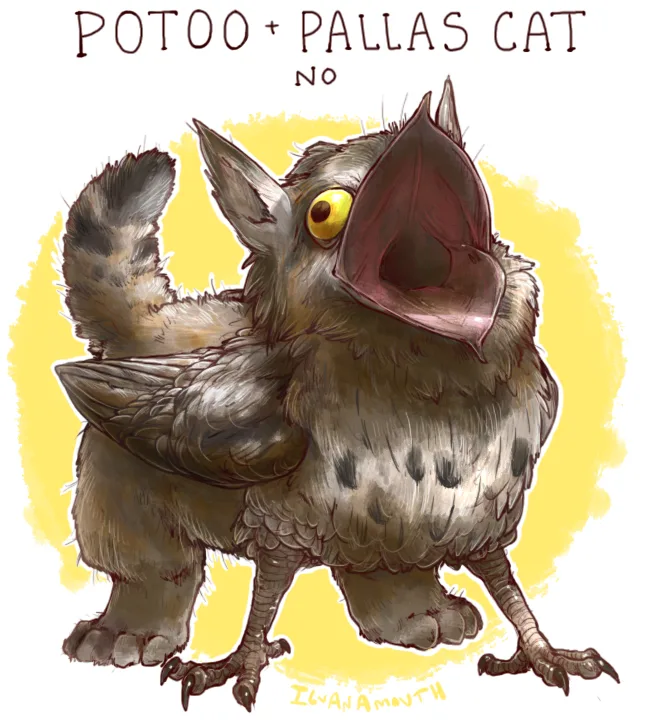 A digitally drawn, furry creature with bird-like feathers, cat-like ears and tail, and a large, open beak-like mouth. The…