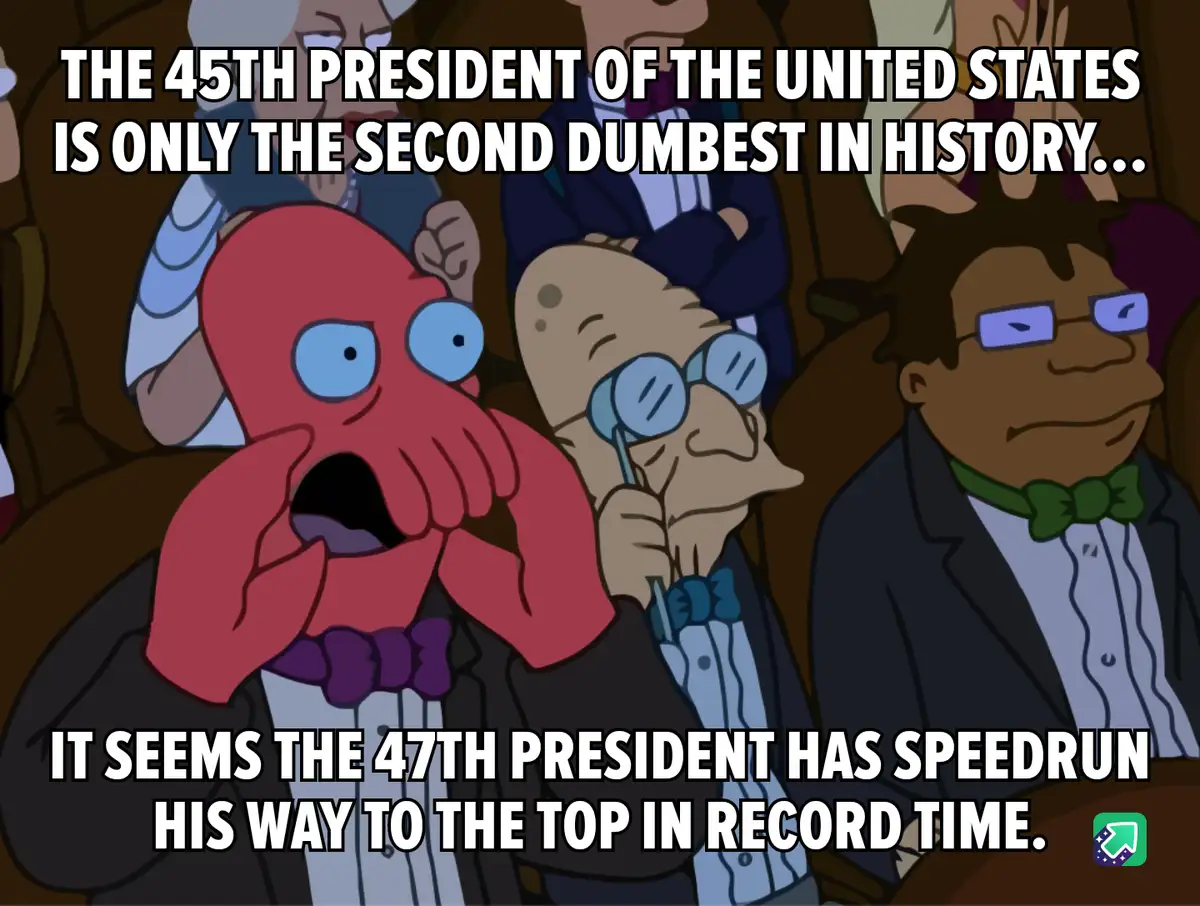 An image from the animated show 'Futurama' shows a red octopus character with wide eyes and hands over its mouth, looking…