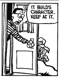 A black-and-white cartoon depicts a man in a striped shirt opening a door to reveal a pile of garbage outside. A speech…