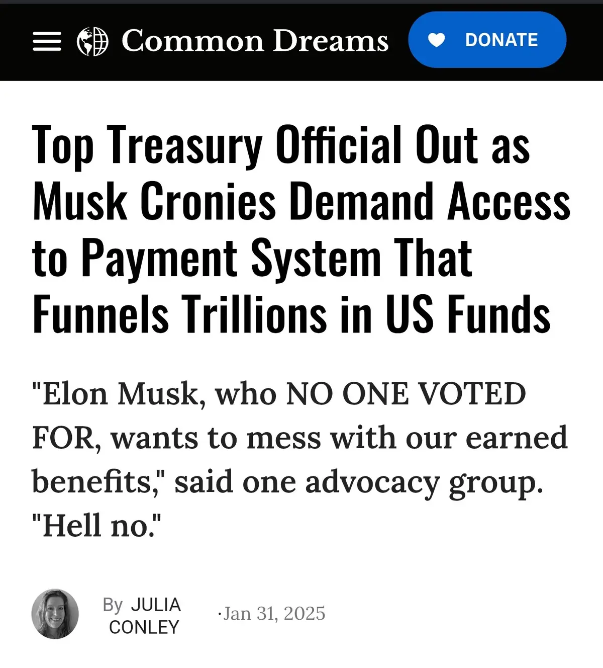 A screenshot of a Common Dreams news article with the headline 'Top Treasury Official Out as Musk Cronies Demand Access to…