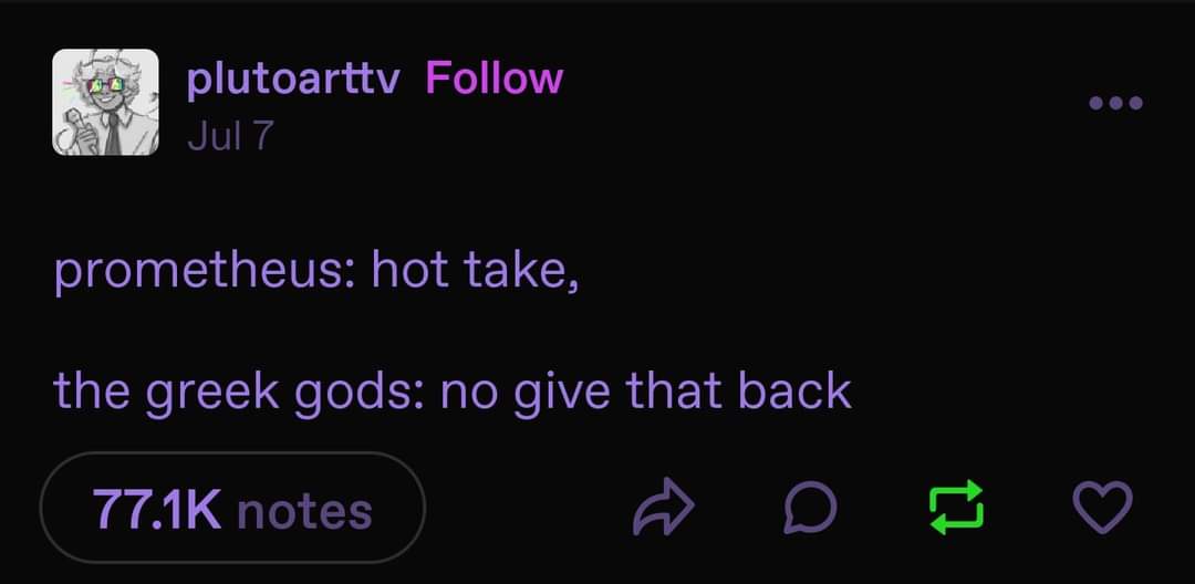 A screenshot of a Tumblr post by user 'plutoarttv' dated July 7, showing purple text overlaid on a black background. The…