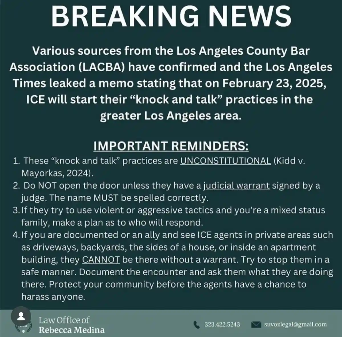 A dark green 'BREAKING NEWS' graphic mimicking a legal advisory, falsely claiming ICE will start 'knock and talk' operations…