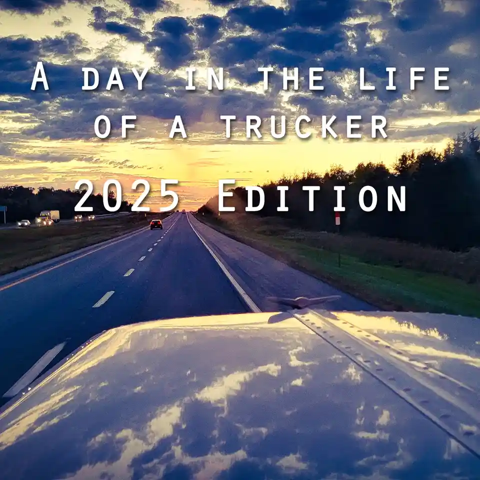 A scenic highway view from the perspective of a truck's cab at sunset, with clouds reflected on the hood. White bold text…