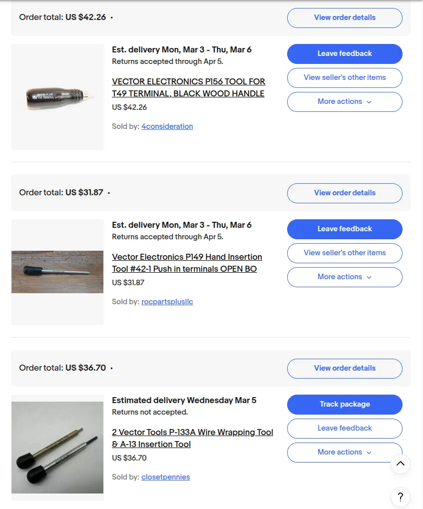 A screenshot of an online marketplace listing three separate Vector Electronics tools, each priced individually and sold by…