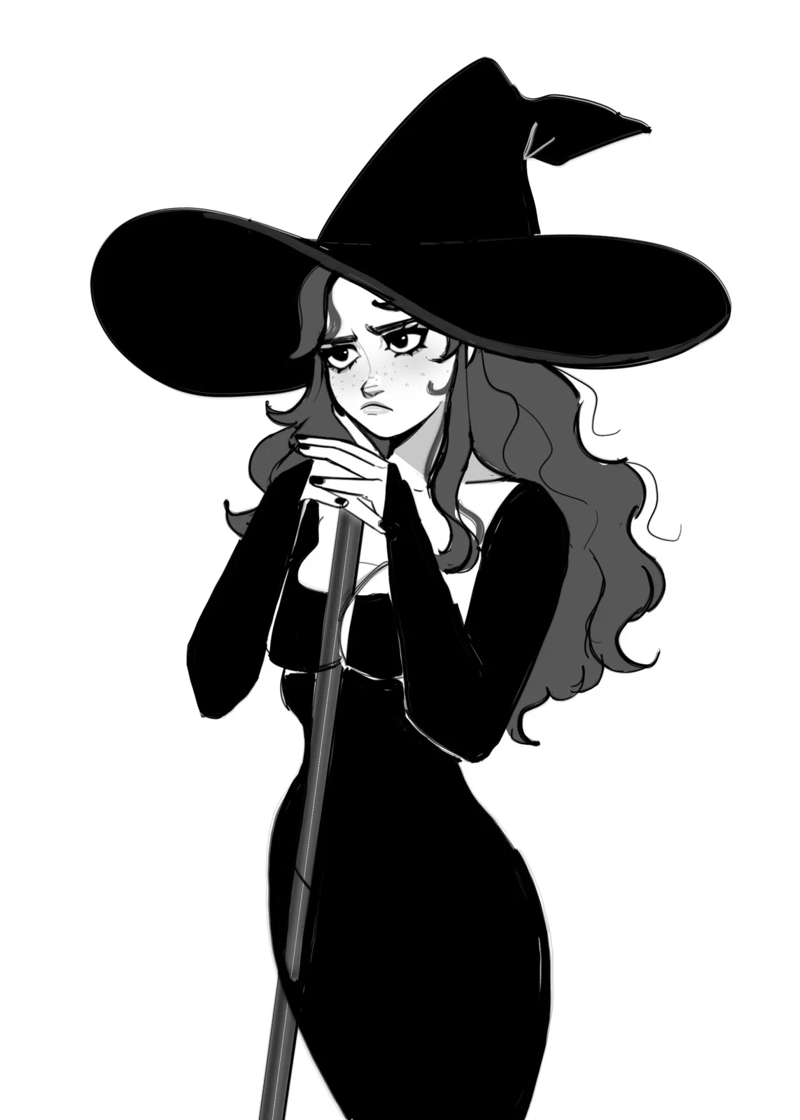 A black-and-white anime-style illustration of a woman dressed as a witch, wearing a large pointed hat and holding a staff…
