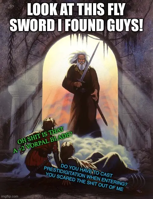 A fantasy painting depicts a wizard in a dark robe holding a sword, standing in a glowing archway. Two adventurers below…