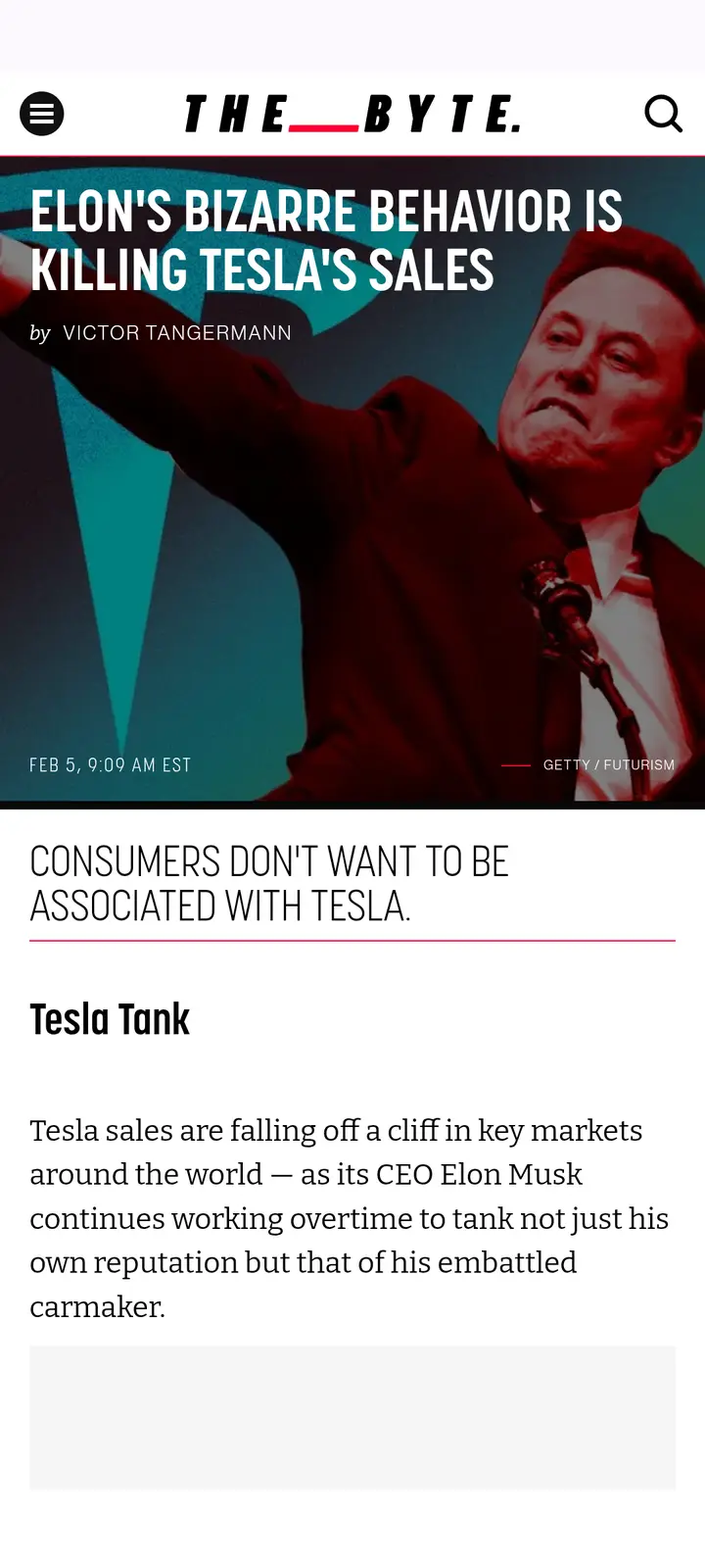 The image shows a screenshot of an article from 'THE BYTE' with a headline reading 'ELON'S BIZARRE BEHAVIOR IS KILLING…