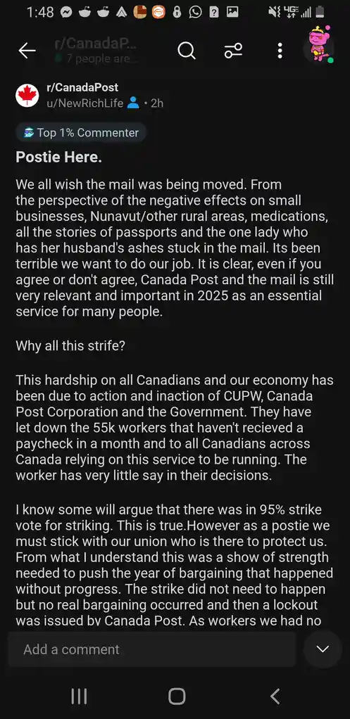 A screenshot of a Reddit post from r/CanadaPost by user u/NewRichLife, who is labeled 'Top 1% Commenter'. The post is titled…