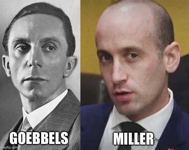 A split image shows a black-and-white portrait of a man labeled 'GOEBBELS' on the left and a color photo of a balding man in…