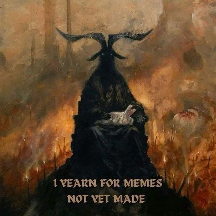 A dark, gothic painting depicts a horned, cloaked figure seated on a throne-like structure, holding a small white rabbit…