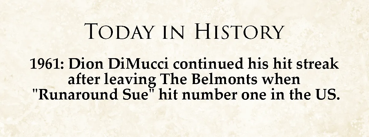 A beige parchment-style background displays black serif text titled 'TODAY IN HISTORY'. Below, it states: '1961: Dion…