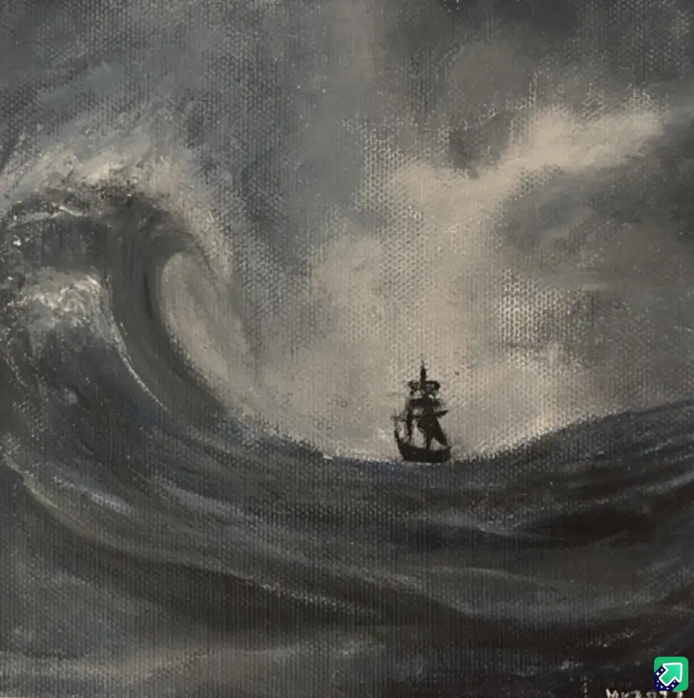 A dark, moody painting depicts a small ship sailing through a massive, curling wave under a stormy sky. The ship is tiny in…