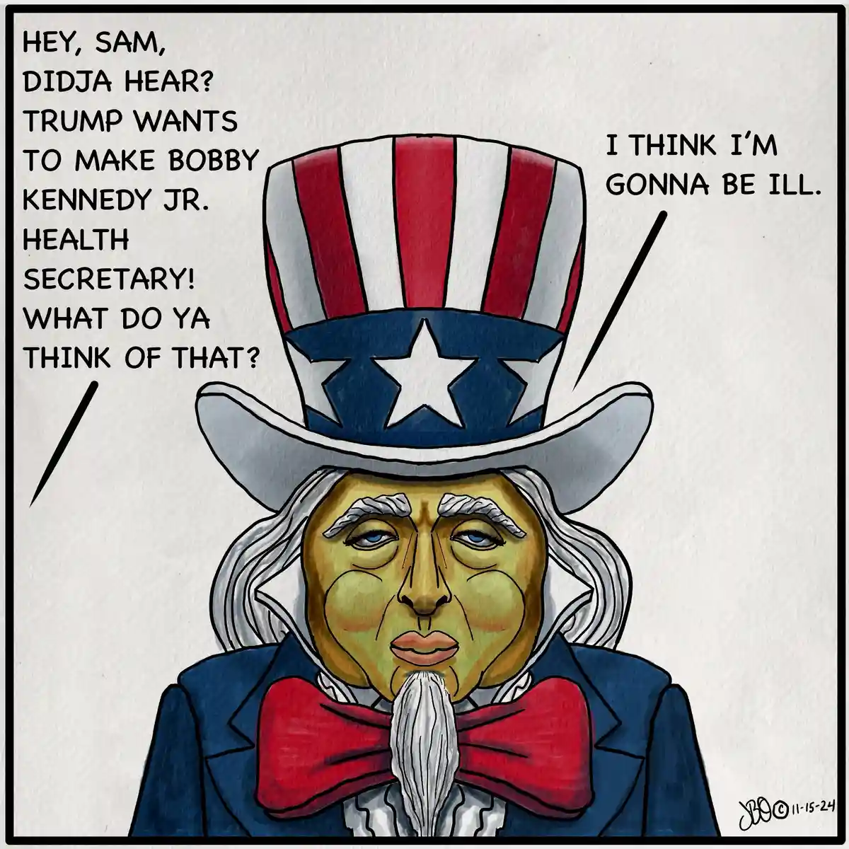 A cartoon drawing of Uncle Sam, wearing his iconic top hat with red, white, and blue stripes and a star, a blue coat, and a…