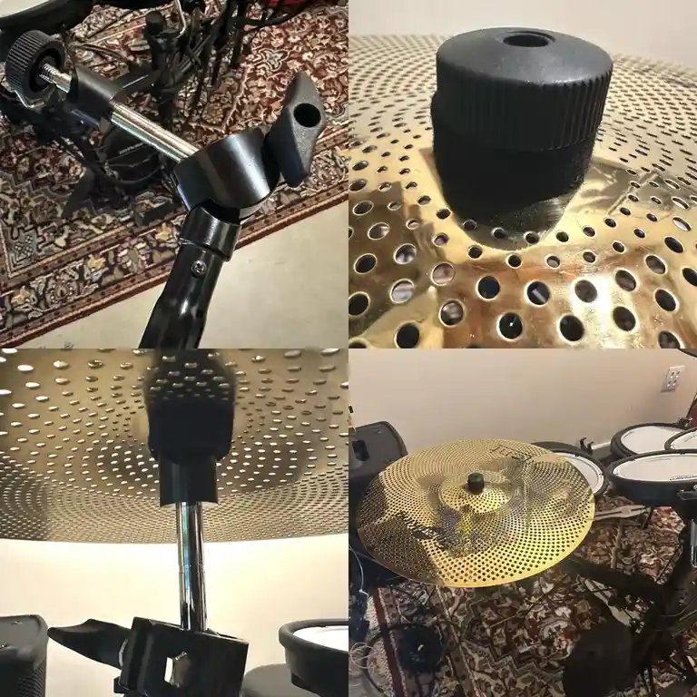A four-panel collage shows a drum cymbal stand, a black knob, a perforated cymbal, and the full cymbal on a drum kit. The…