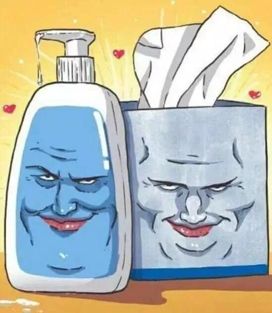 A cartoon illustration shows a blue hand sanitizer bottle and a tissue box, both with angry, smug human faces drawn on them…