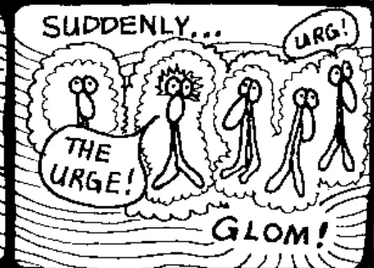 A black-and-white comic strip shows four stick-figure-like characters in bushes. The first says 'THE URGE!' while the…